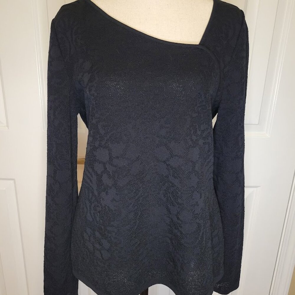 Plein Air Black Floral Jacquard Asymmetric Neck Top Size L